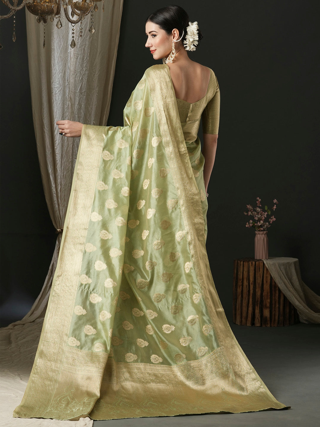 organza light green woven design designer saree with blouse piece unati3001