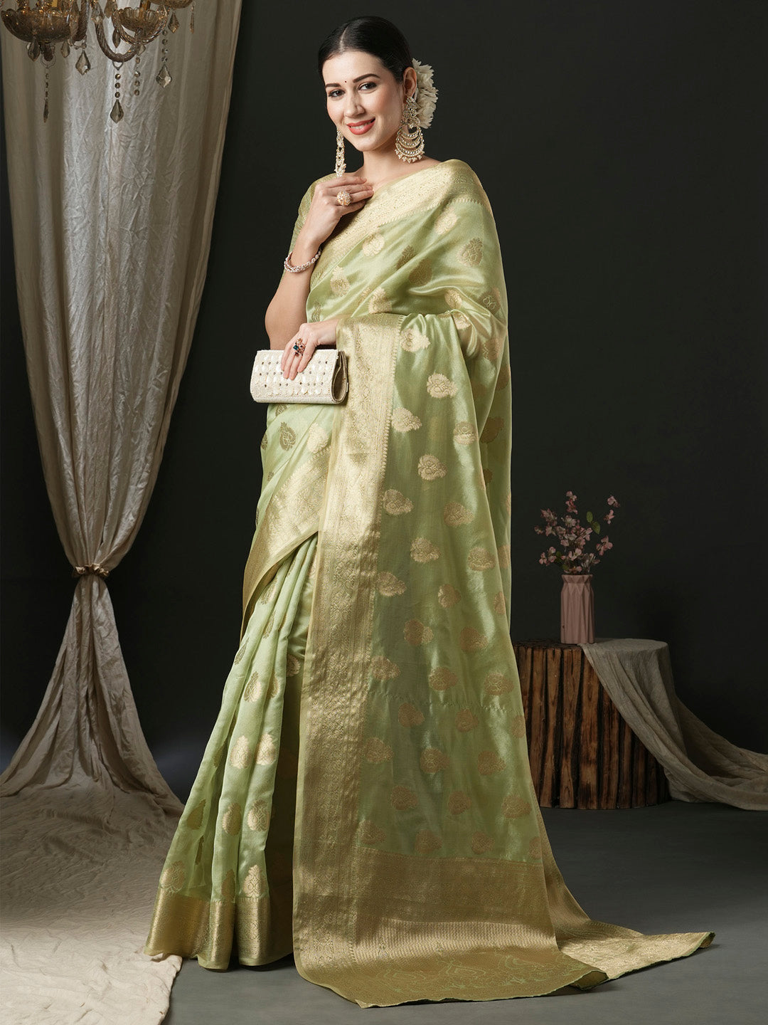 organza light green woven design designer saree with blouse piece unati3001