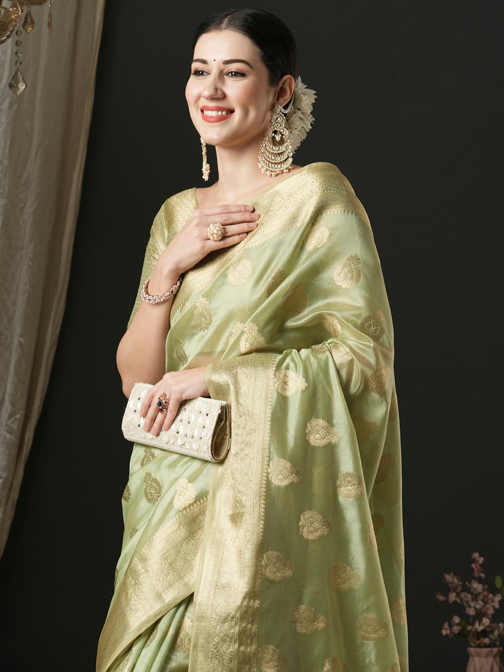 organza light green woven design designer saree with blouse piece unati3001