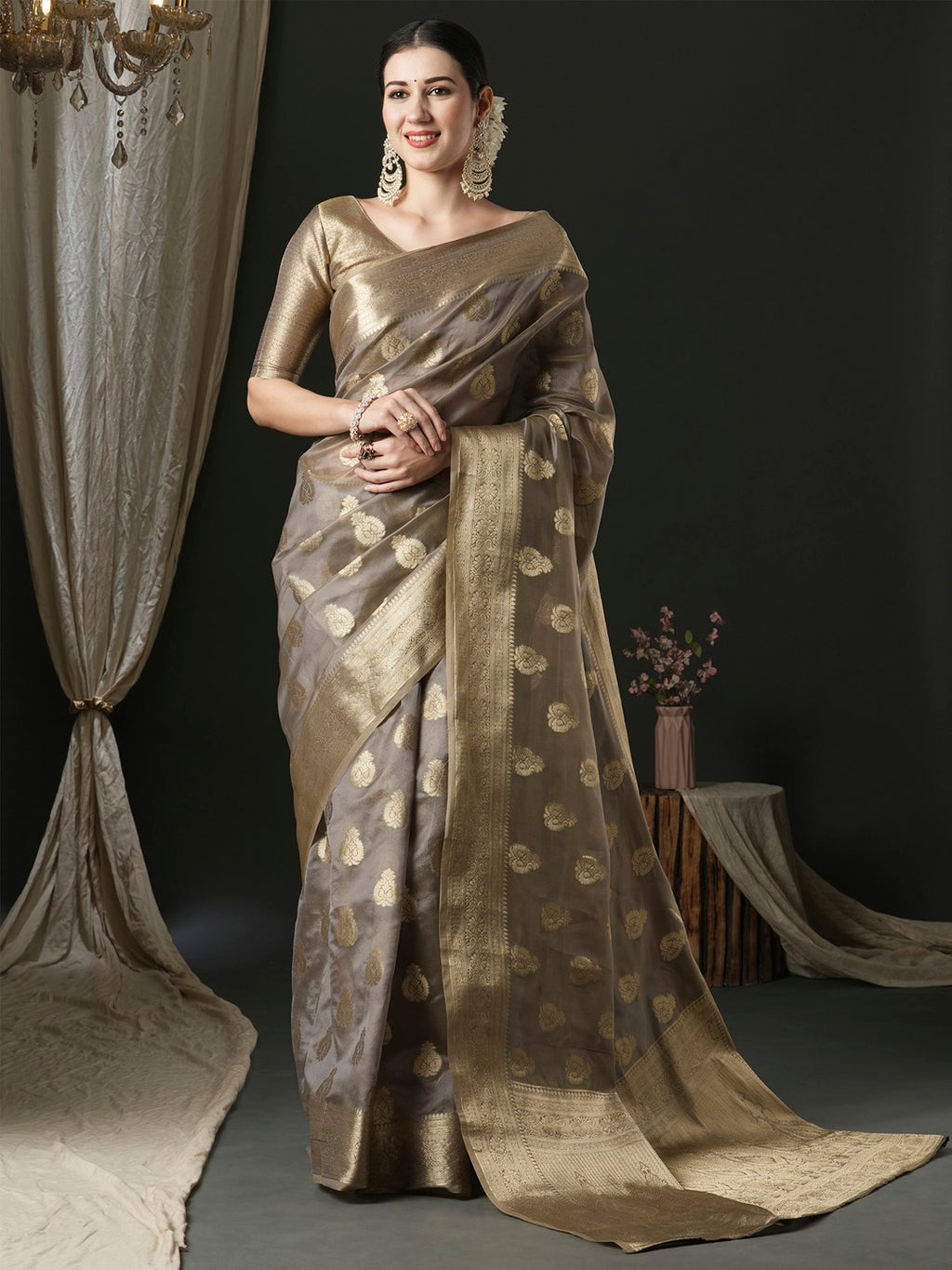 organza grey woven design designer saree with blouse piece unati3002