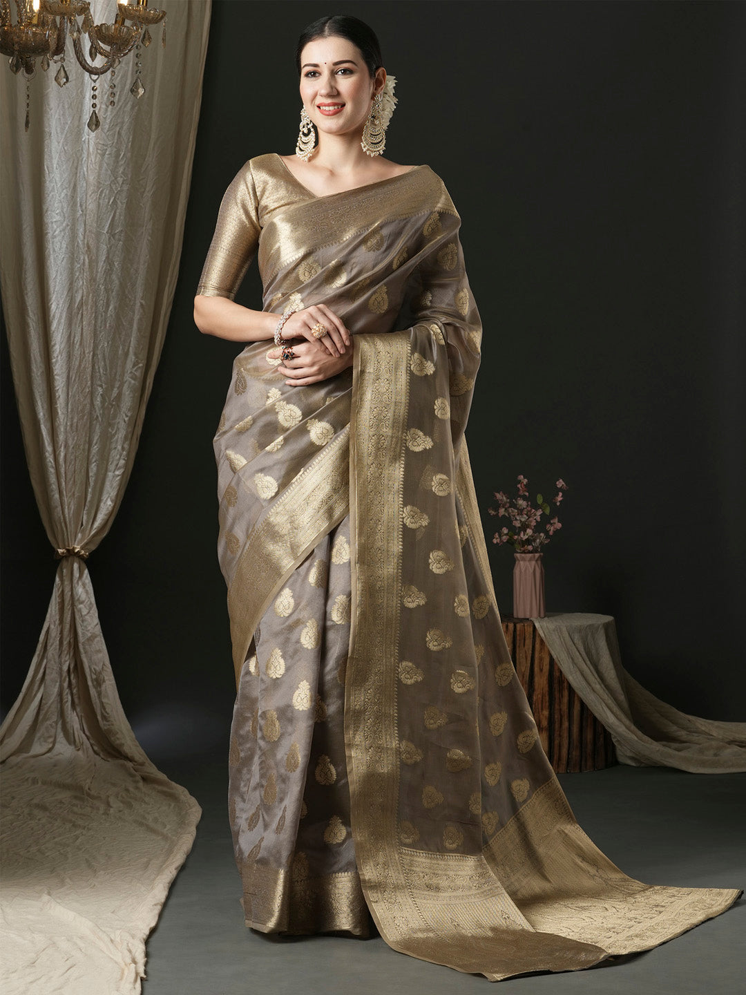 organza grey woven design designer saree with blouse piece unati3002