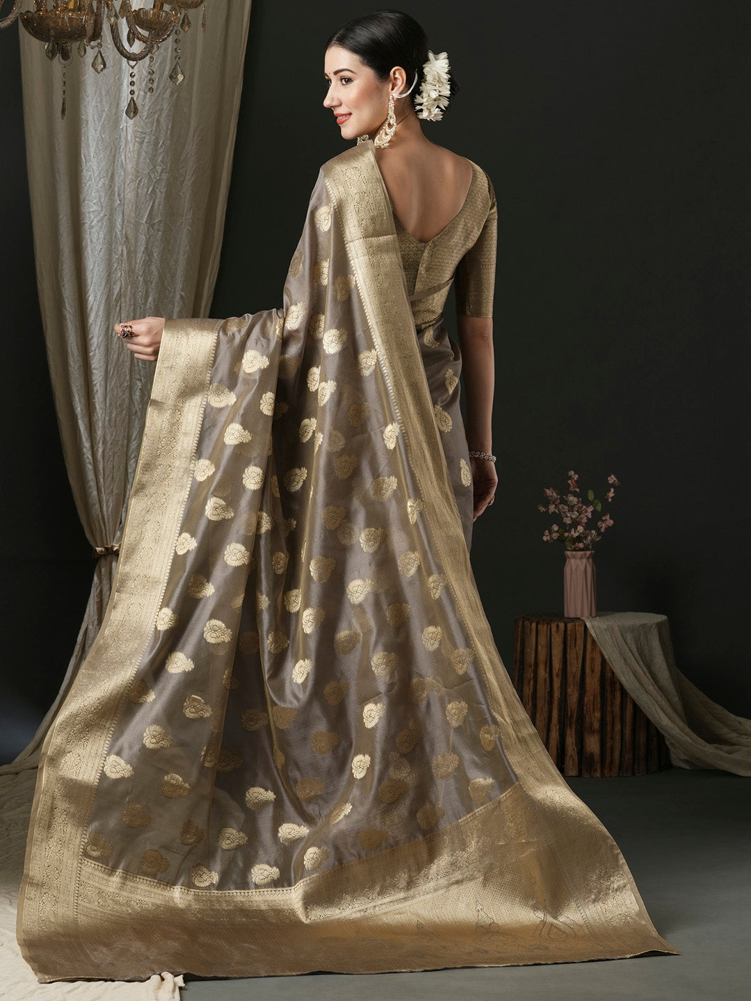 organza grey woven design designer saree with blouse piece unati3002