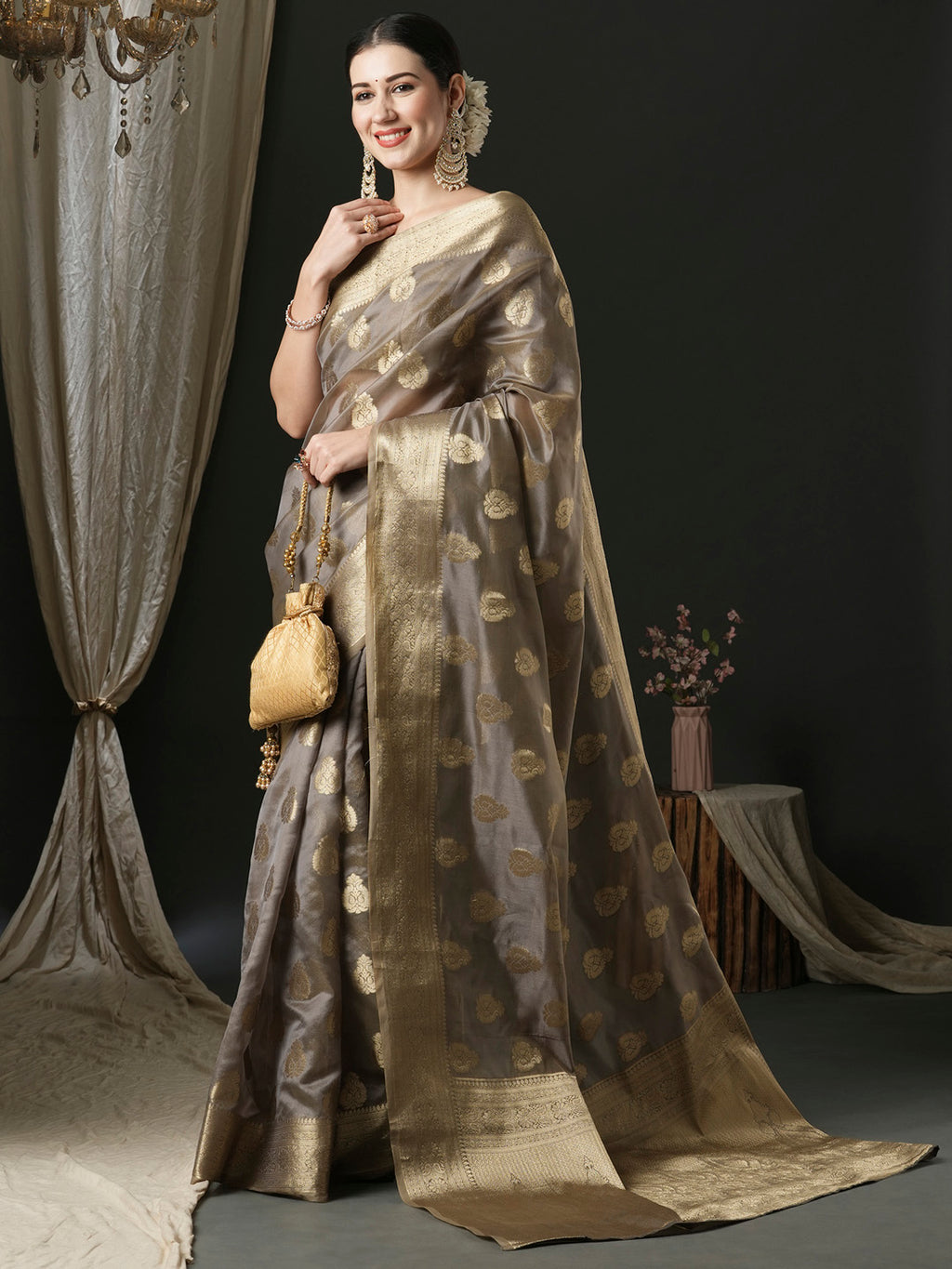 organza grey woven design designer saree with blouse piece unati3002