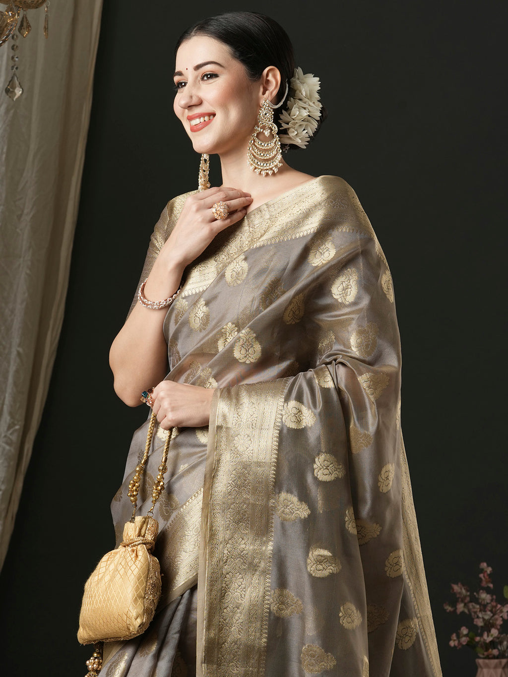 organza grey woven design designer saree with blouse piece unati3002