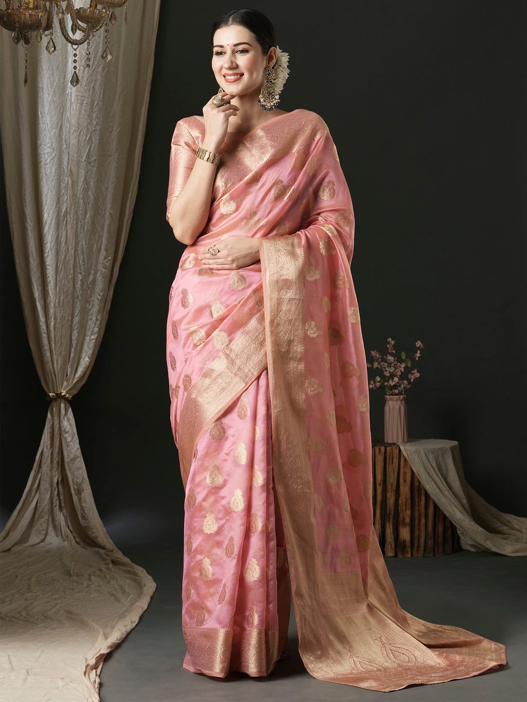 organza pink woven design designer saree with blouse piece unati3004