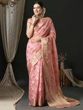 organza pink woven design designer saree with blouse piece unati3004