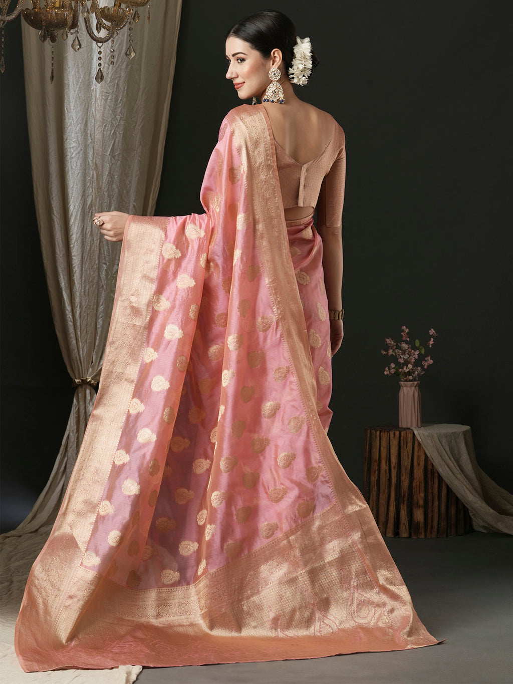 organza pink woven design designer saree with blouse piece unati3004