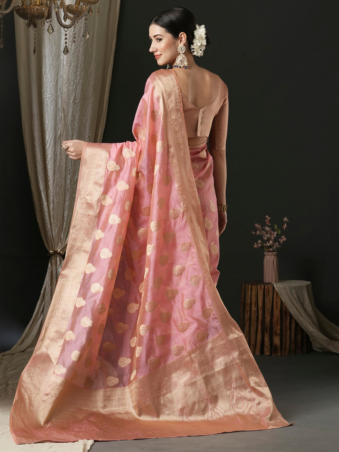 organza pink woven design designer saree with blouse piece unati3004