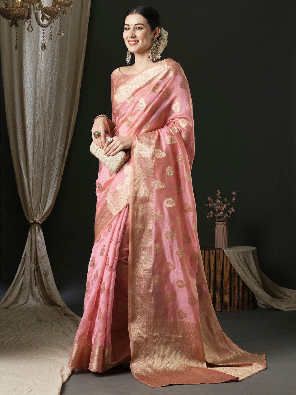 organza pink woven design designer saree with blouse piece unati3004