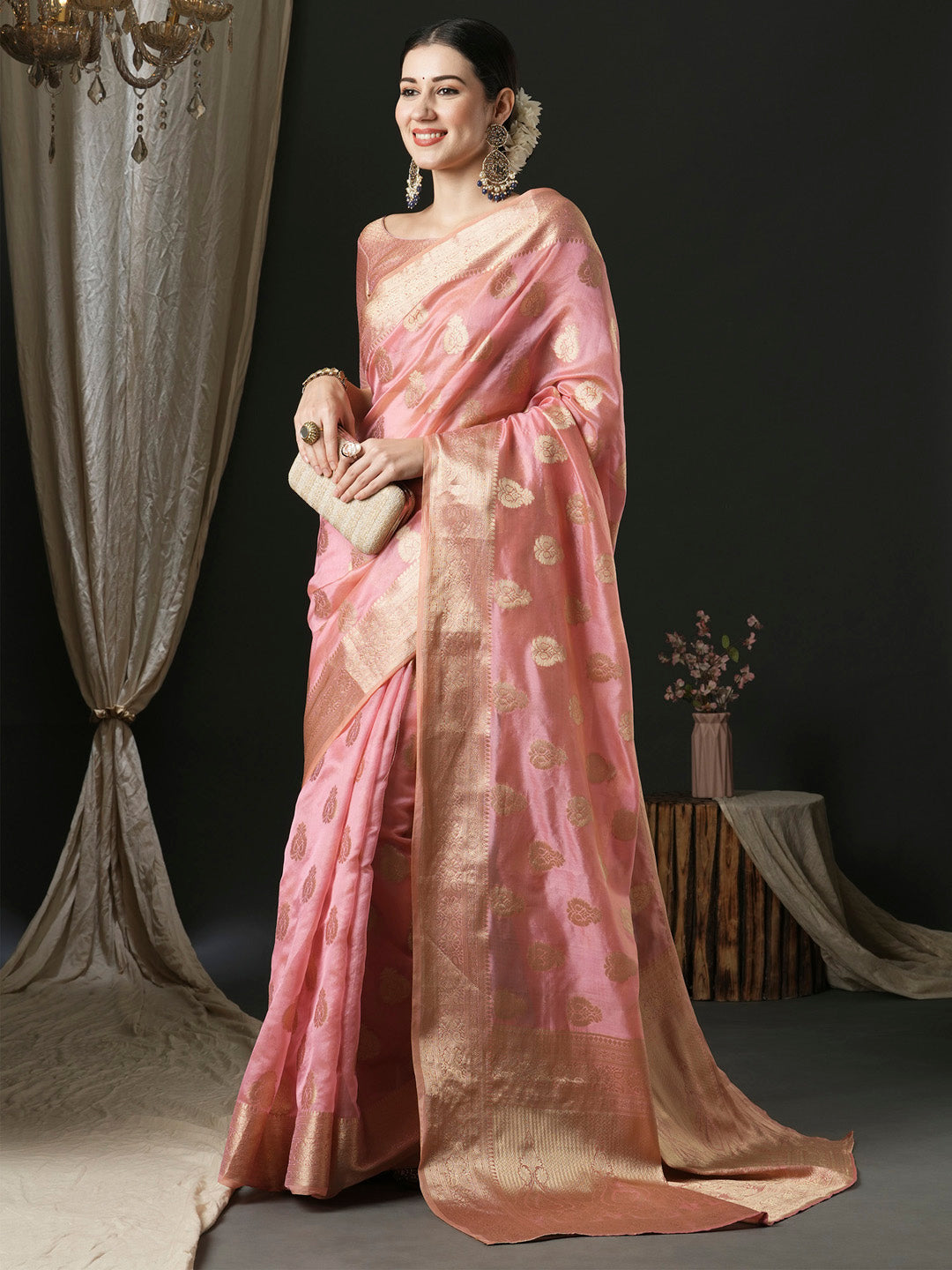 organza pink woven design designer saree with blouse piece unati3004