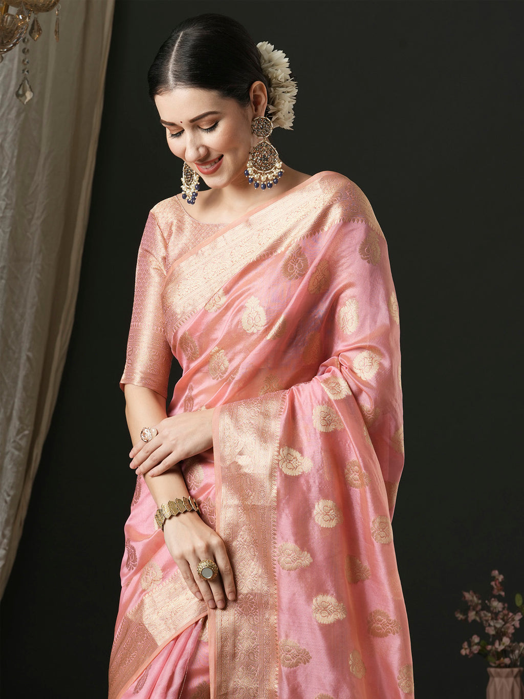 organza pink woven design designer saree with blouse piece unati3004