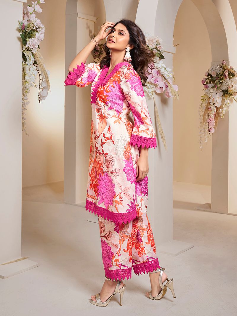 off white pink multi colour floral printed kurta set