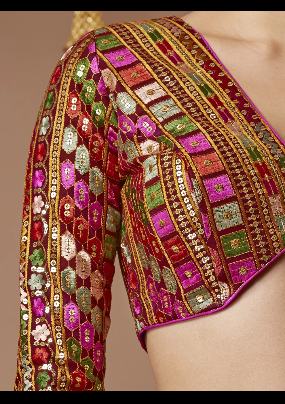 Maroon Georgette Embroidered V Neck Readymade Blouse