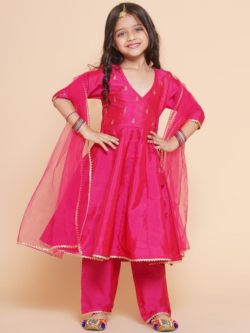 girls pink angrakha kurta with trousers with dupatta