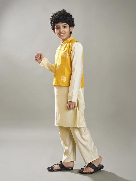 full sleeves jacquard design straight cut kurta pyjama with jacket offwhite yellow