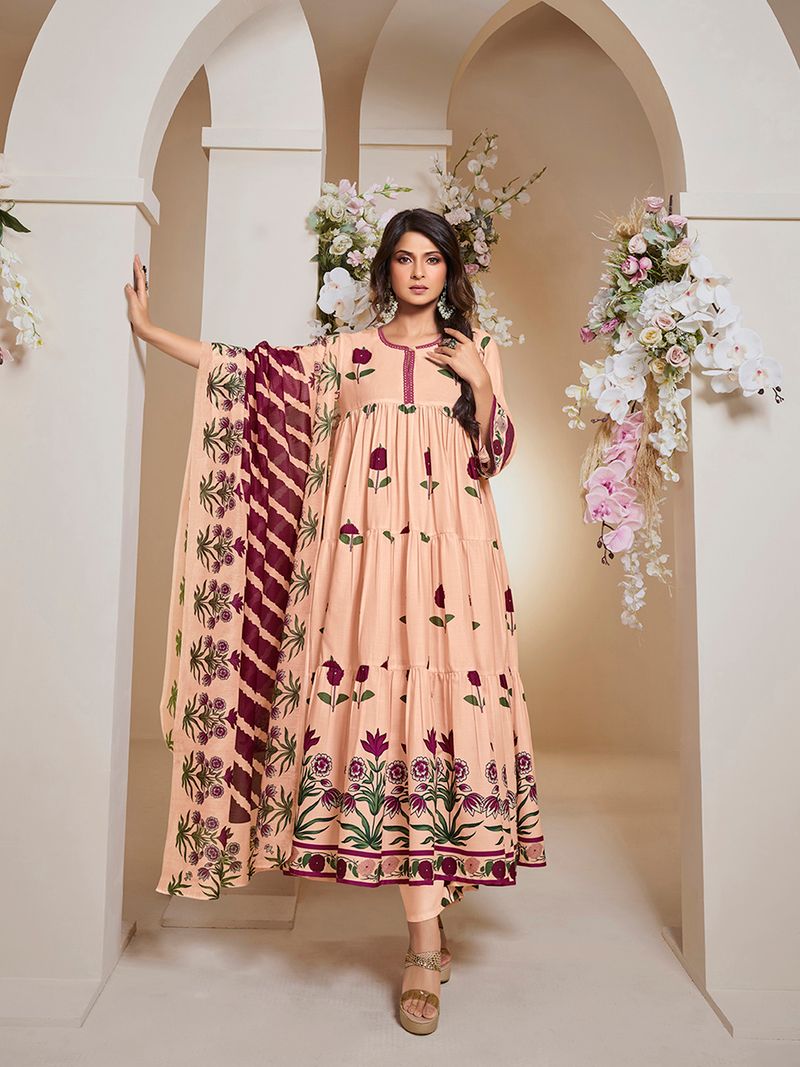peach floral printed flared tier anarkali kurta with palazzos dupatta