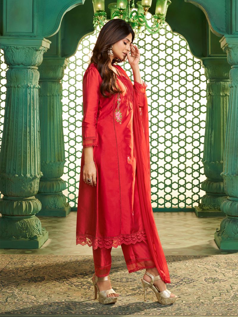 red embroidered kurta set