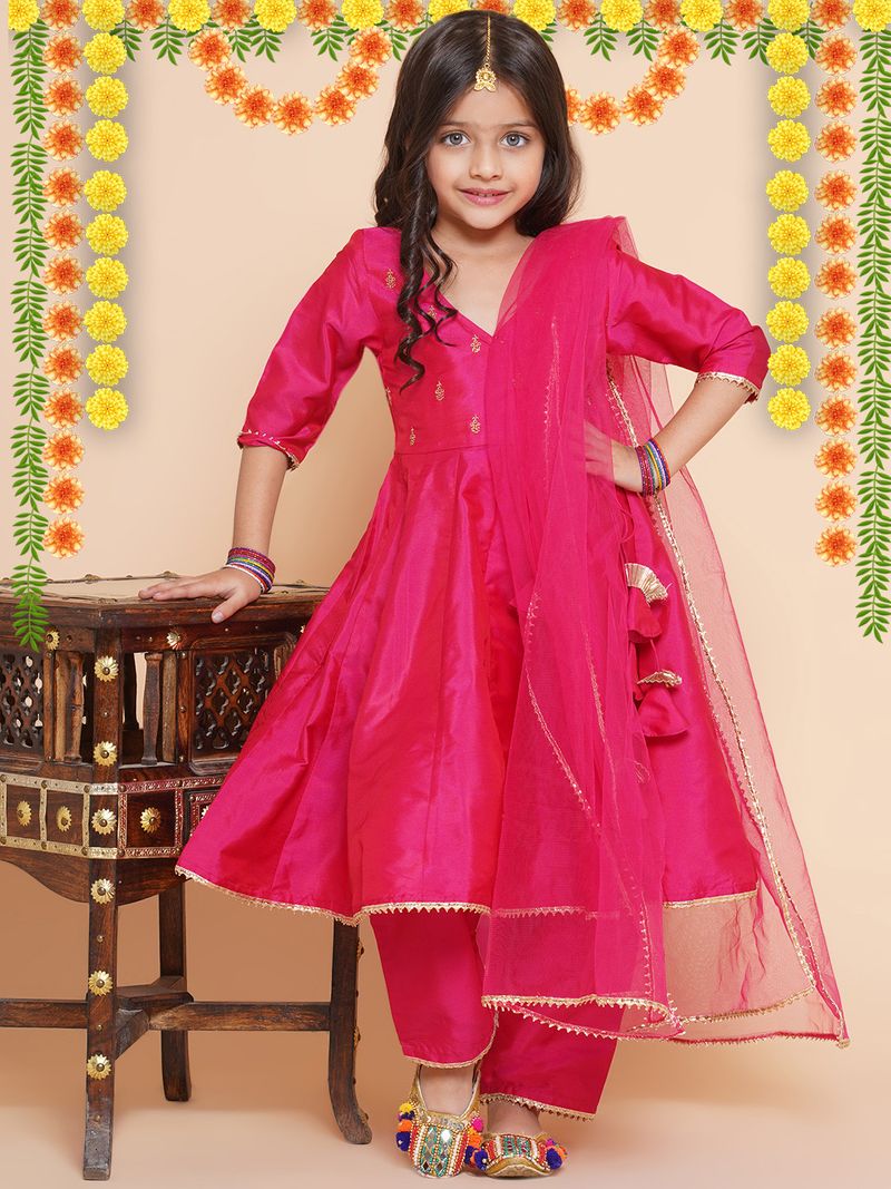 girls pink angrakha kurta with trousers with dupatta