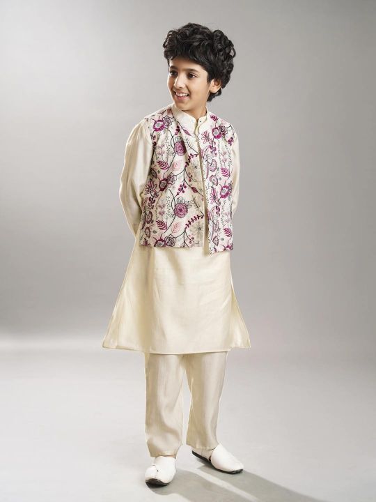 full sleeves booti embroidered straight cut kurta pyjama with jacket offwhite