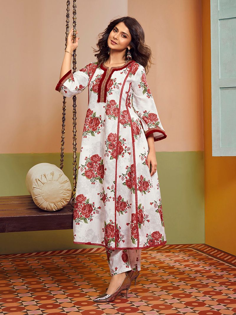 off white red colour floral printed kurta set