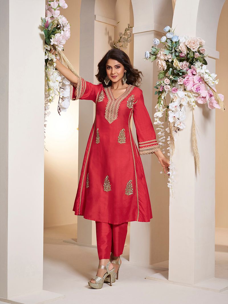 red colour embroiderd anarkali flared kurta with palazzos