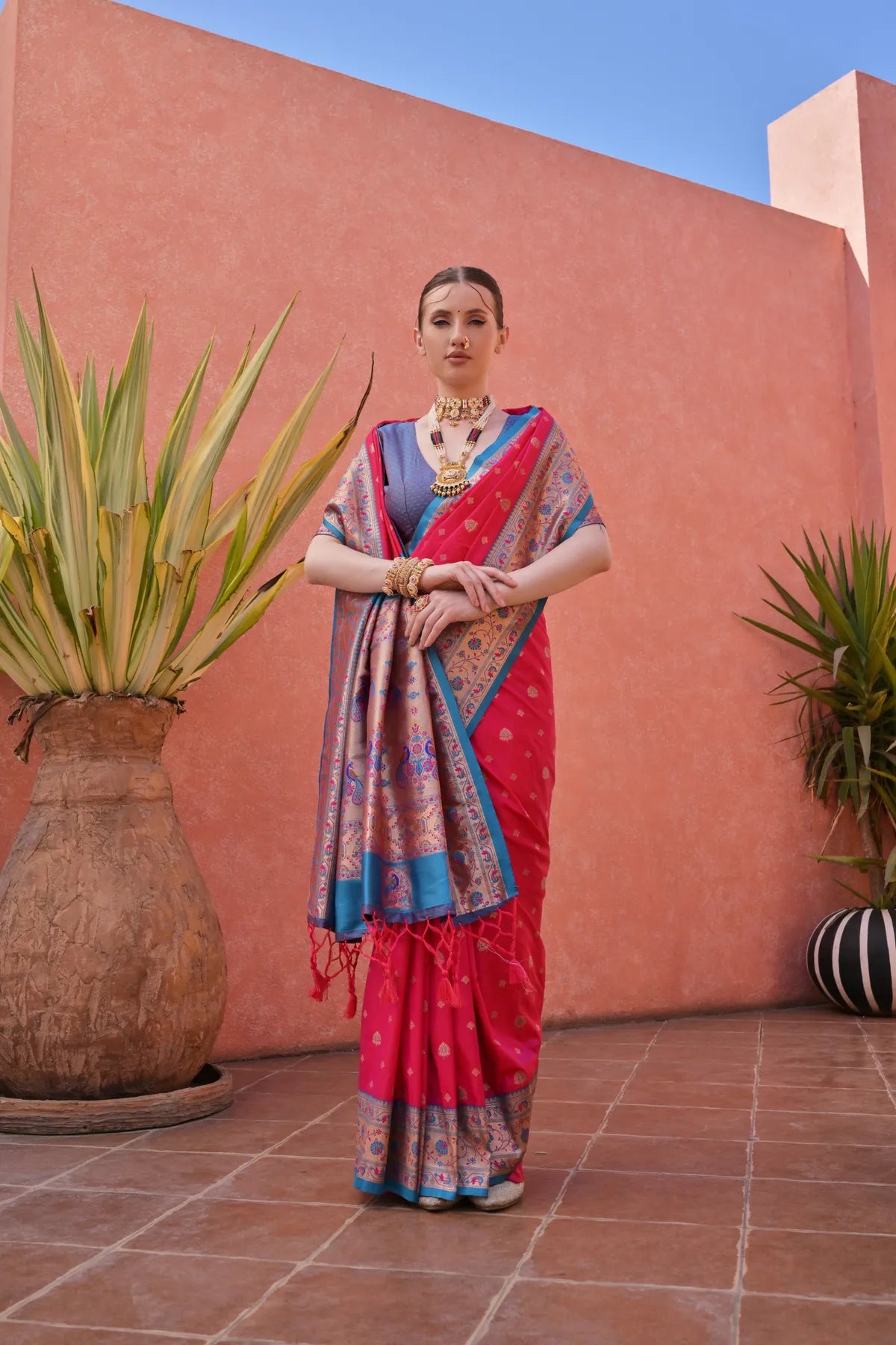 Hot Pink Paithani Silk Saree With Blouse Piece For Women