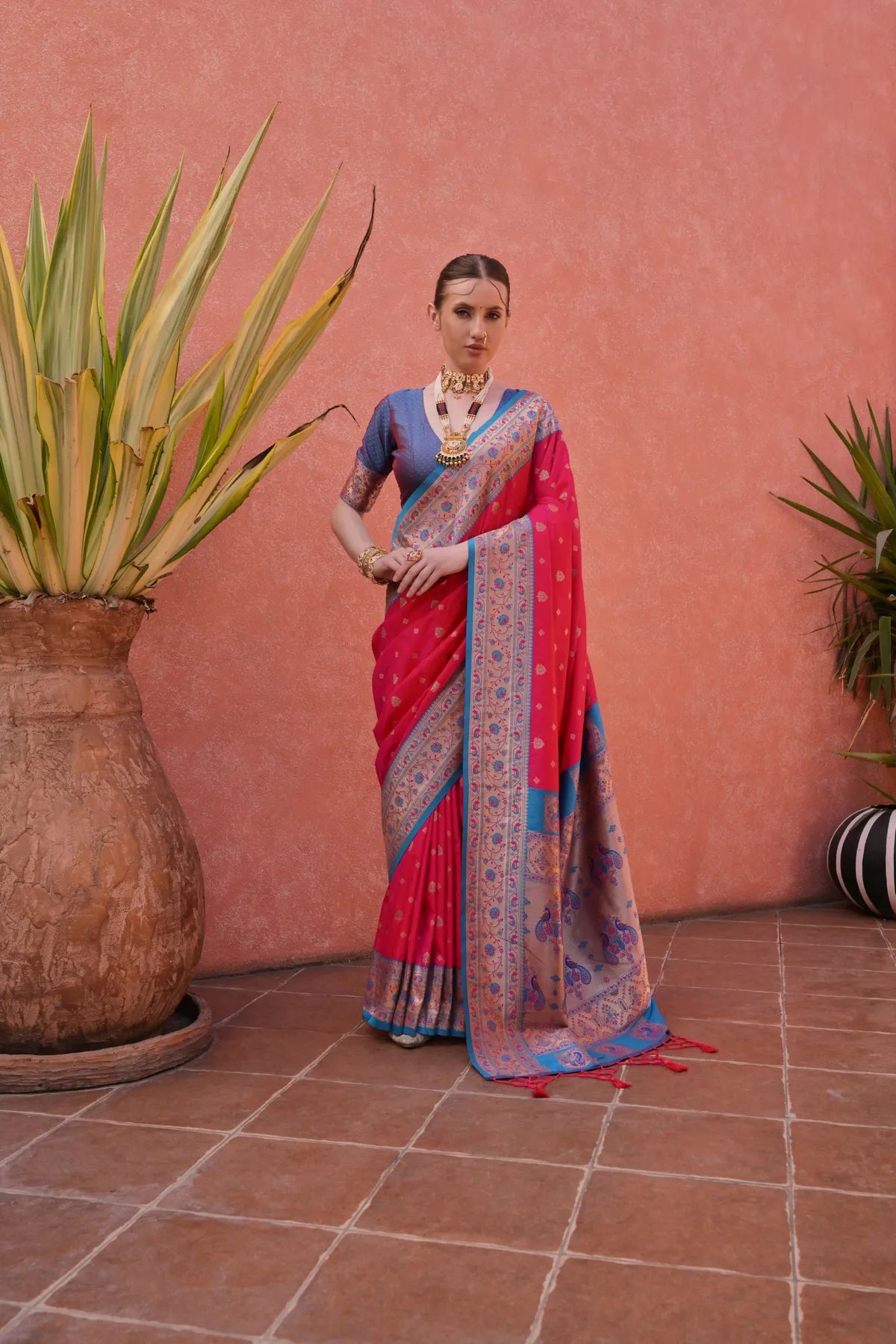 Hot Pink Paithani Silk Saree With Blouse Piece For Women
