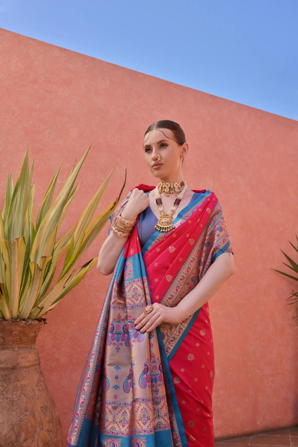 Hot Pink Paithani Silk Saree With Blouse Piece For Women