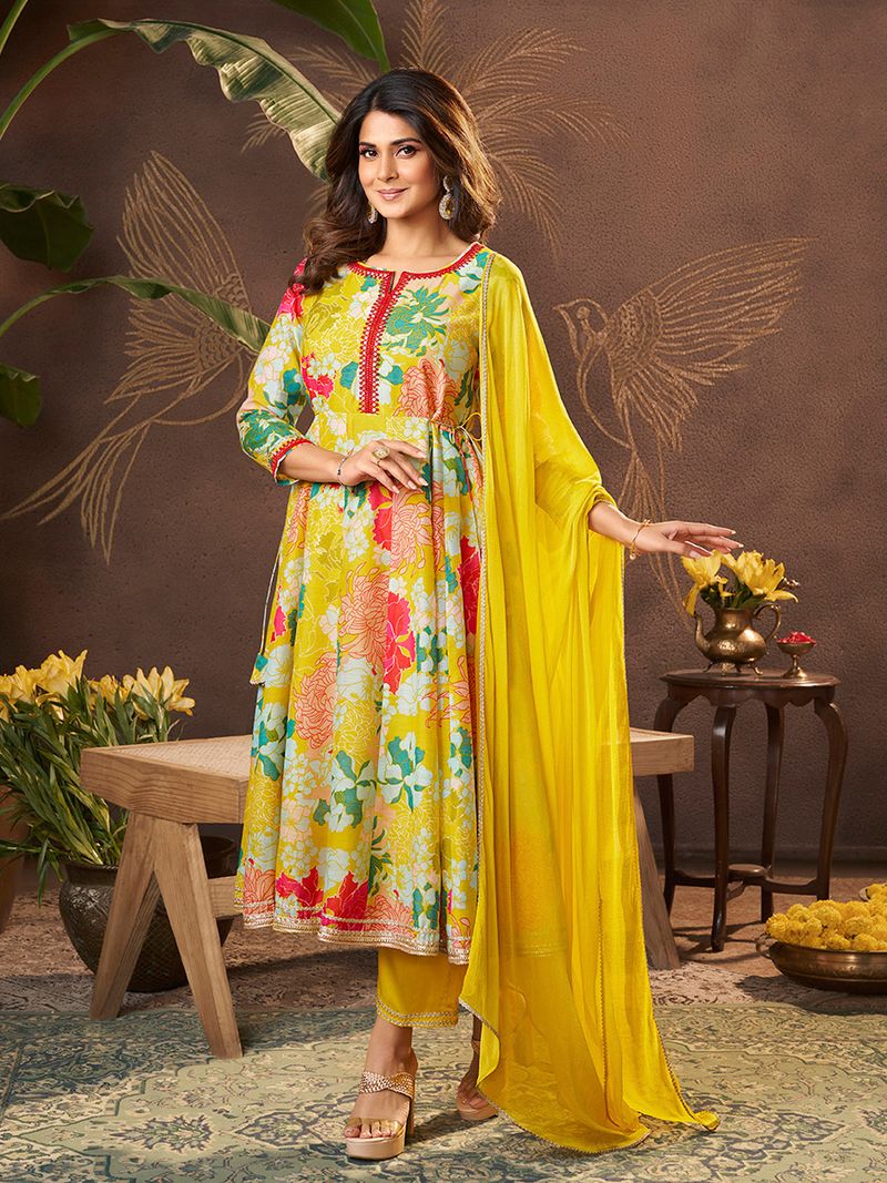 Yellow Printed Anarkali Kurta Set