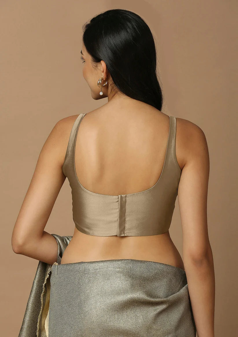 beige silk sleeveless round neck readymade saree blouse