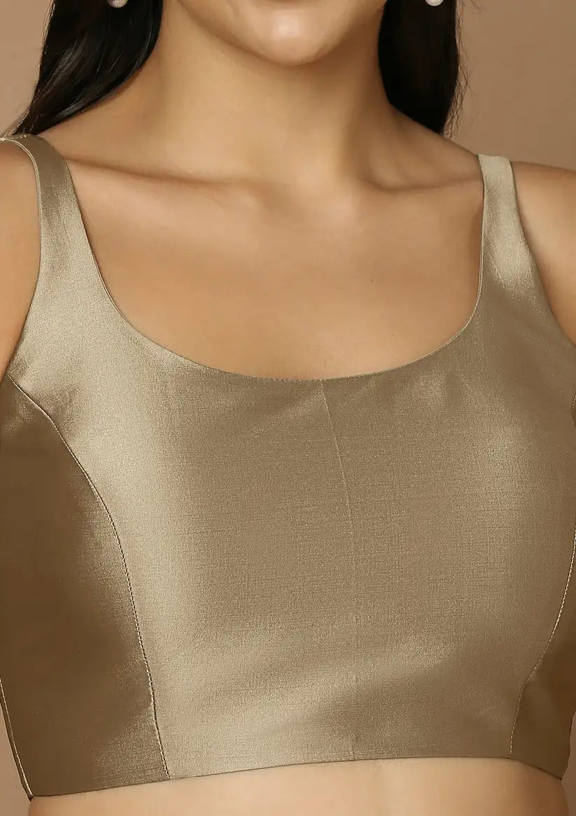 beige silk sleeveless round neck readymade saree blouse