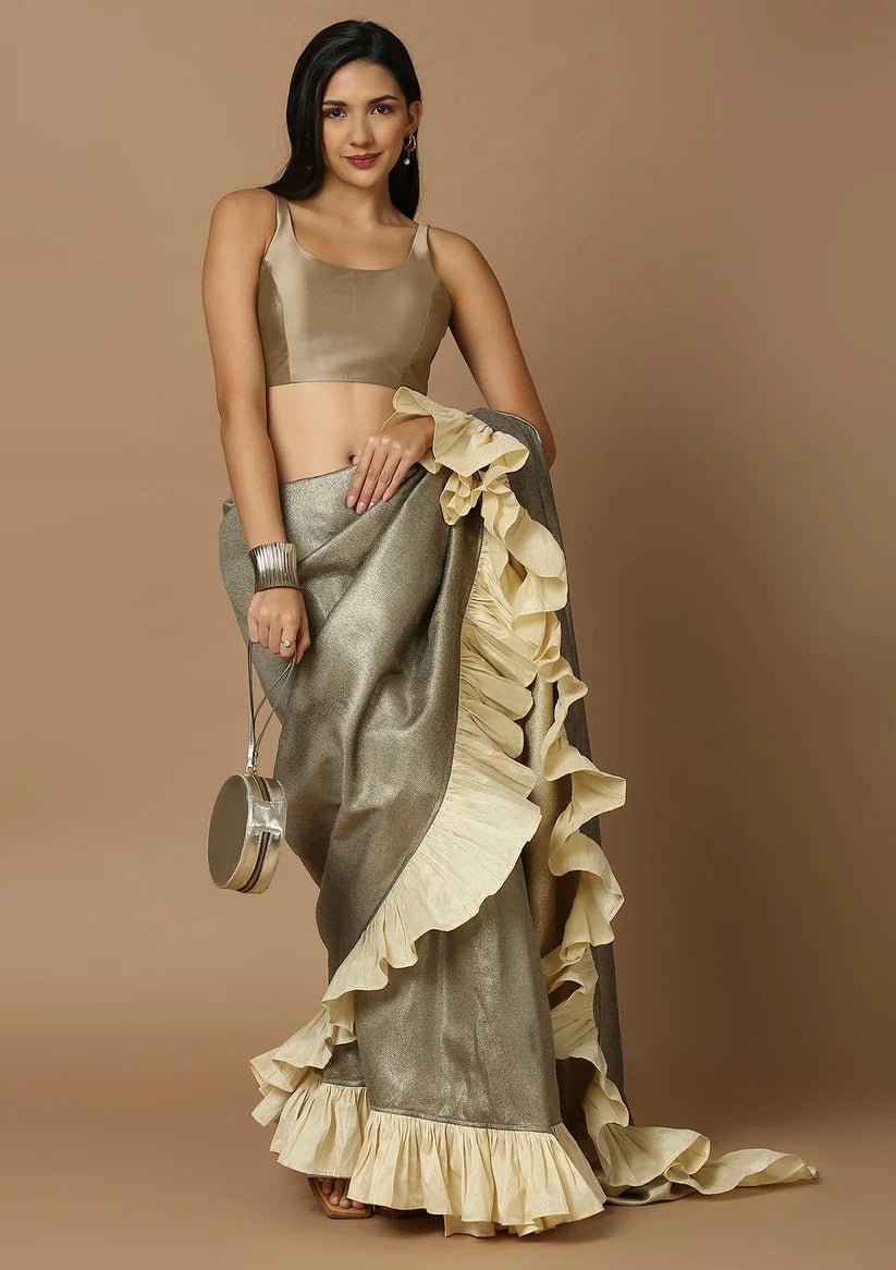 beige silk sleeveless round neck readymade saree blouse
