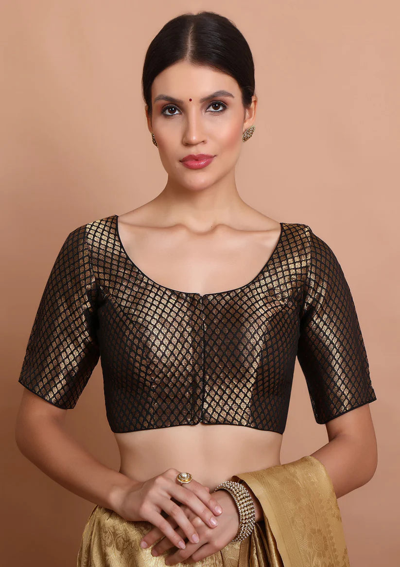 black brocade round neck readymade padded blouse
