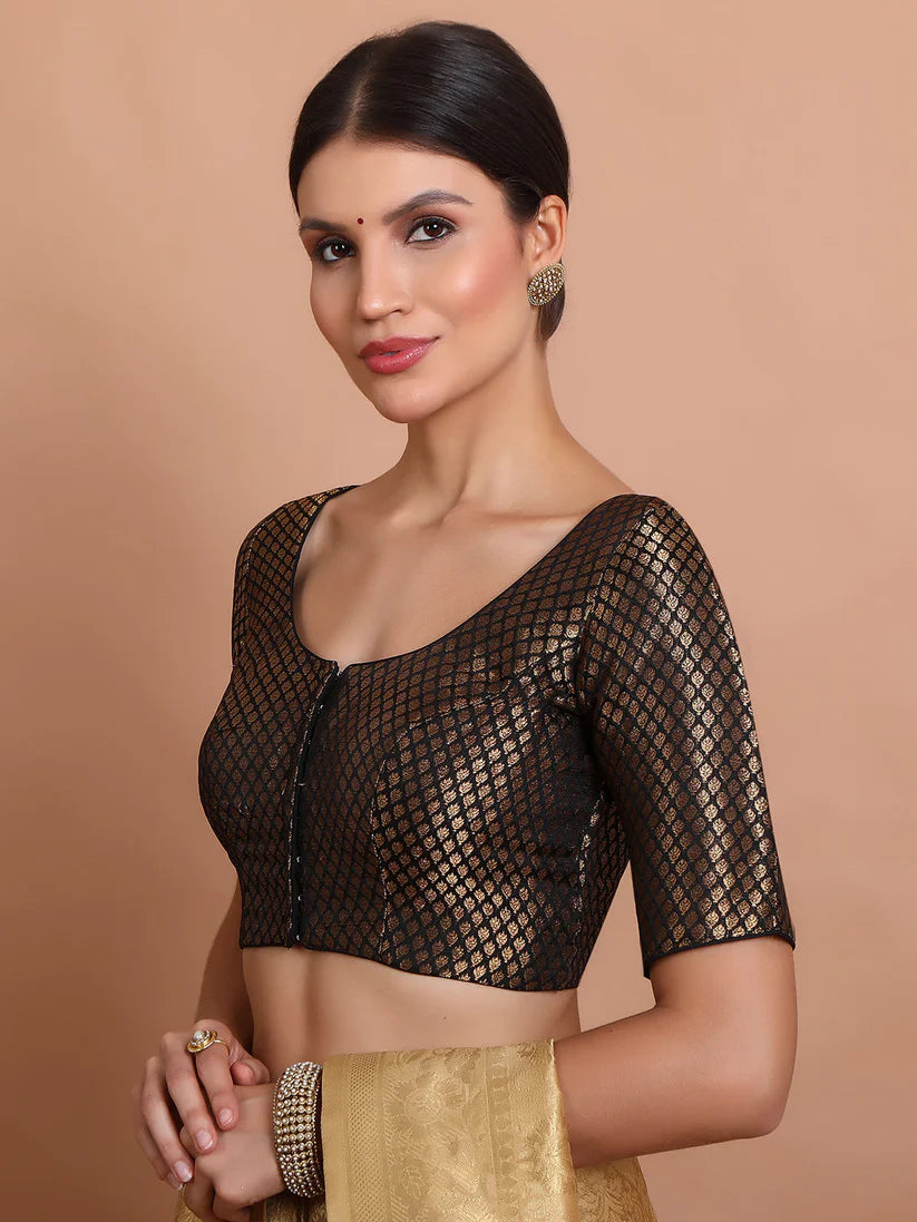 black brocade round neck readymade padded blouse