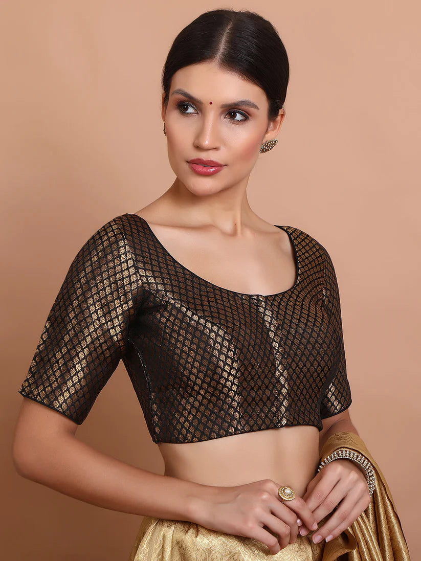 black brocade round neck readymade padded blouse