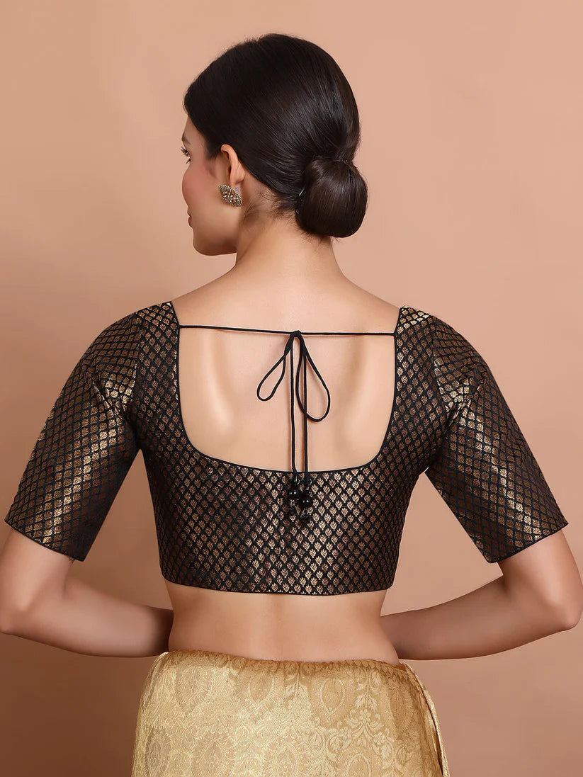 black brocade round neck readymade padded blouse