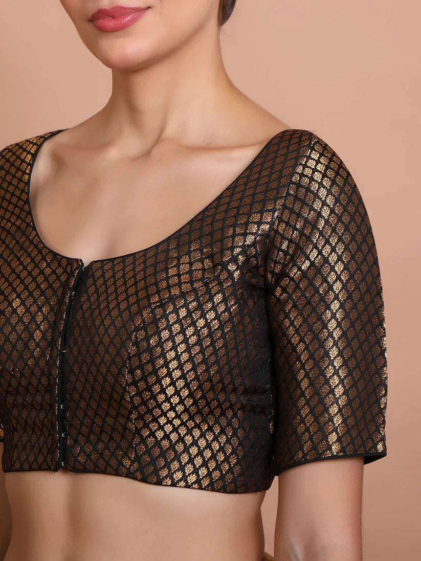 black brocade round neck readymade padded blouse