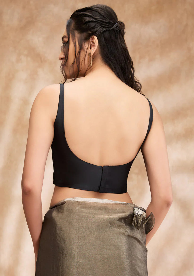 Black silk Solid Round Neck Sleeveless Blouse