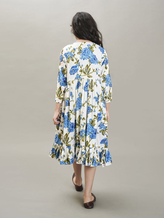 blue white floral printed dress