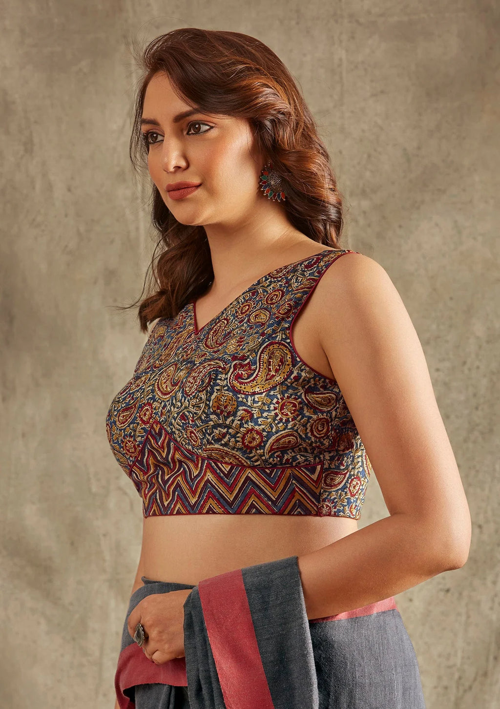 blue cotton sleeveless v neck readymade blouse