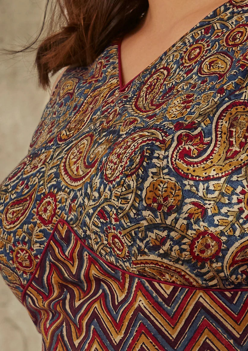 blue cotton sleeveless v neck readymade blouse