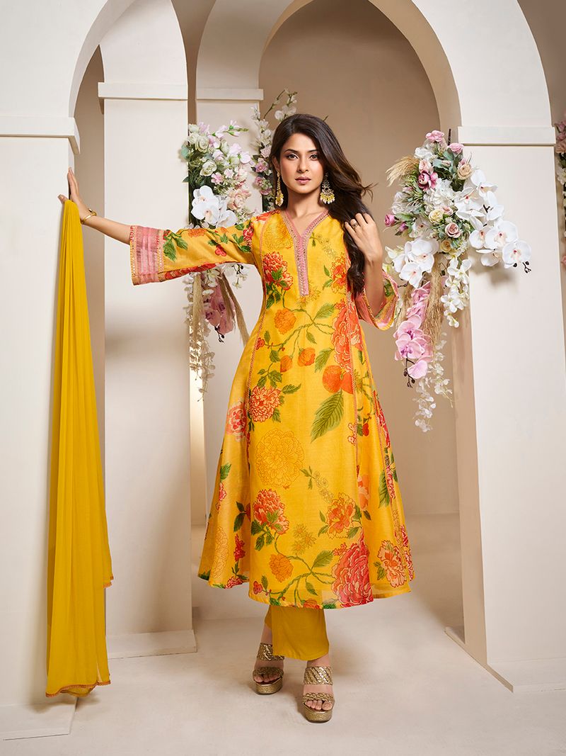 yellow colour floral printed flared anarkali kurta with palazzos dupatta