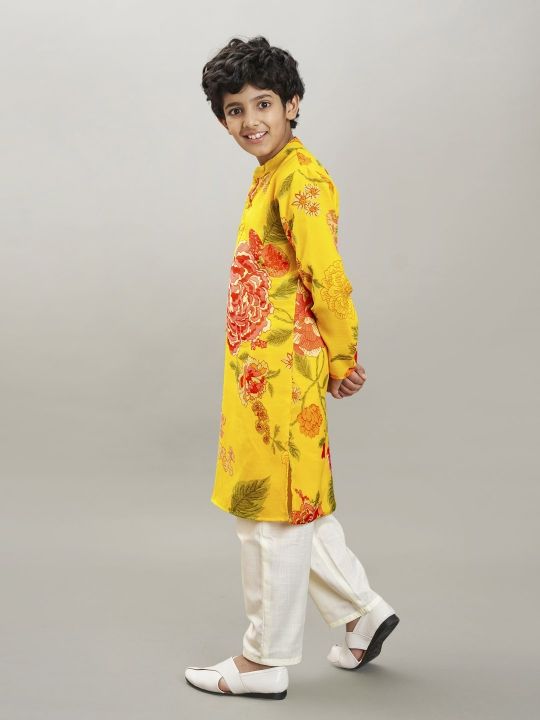 full sleeves floral print straight cut kurta with pyjama yellow floral