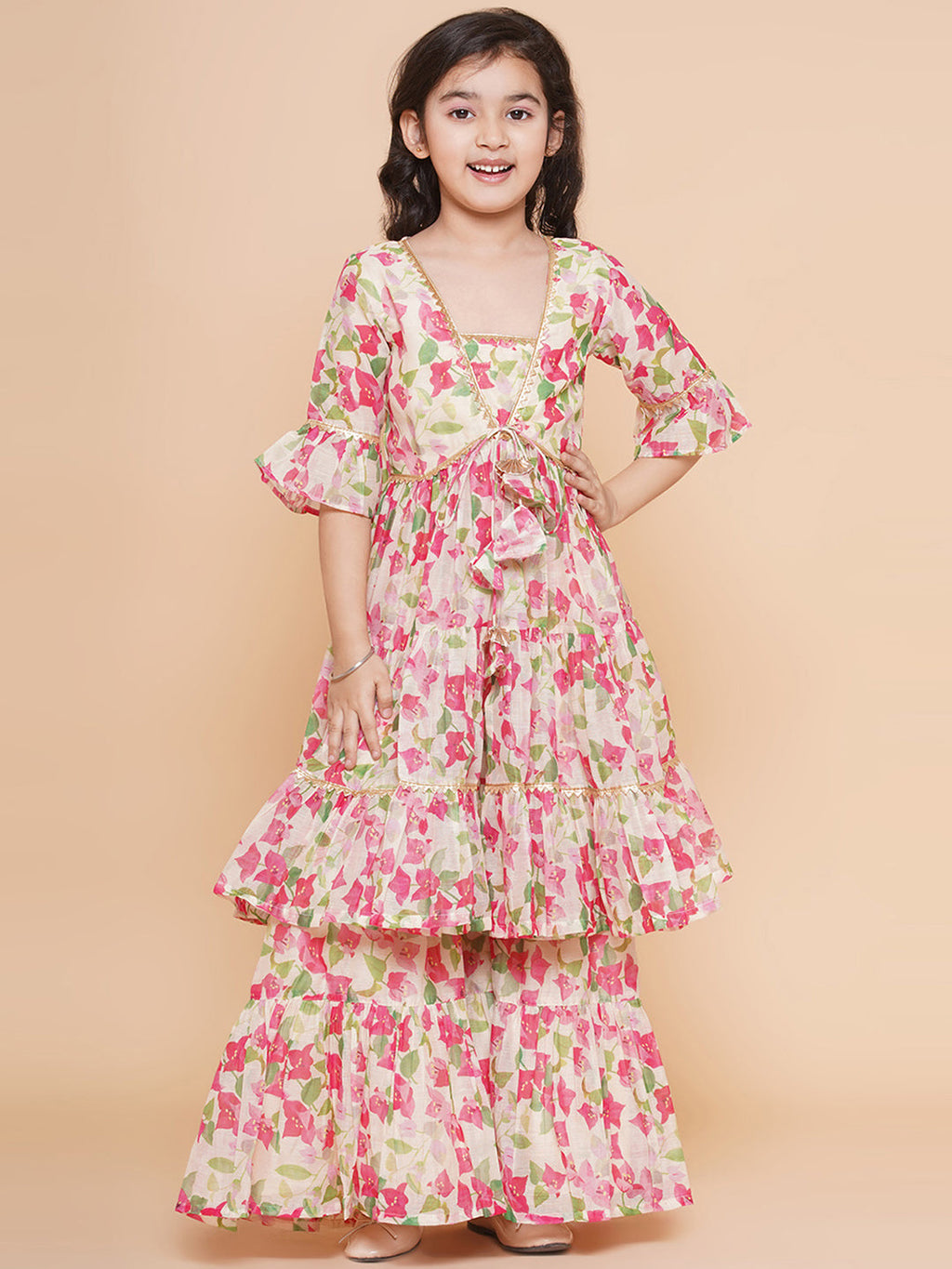cream multi printed kurta with sharara