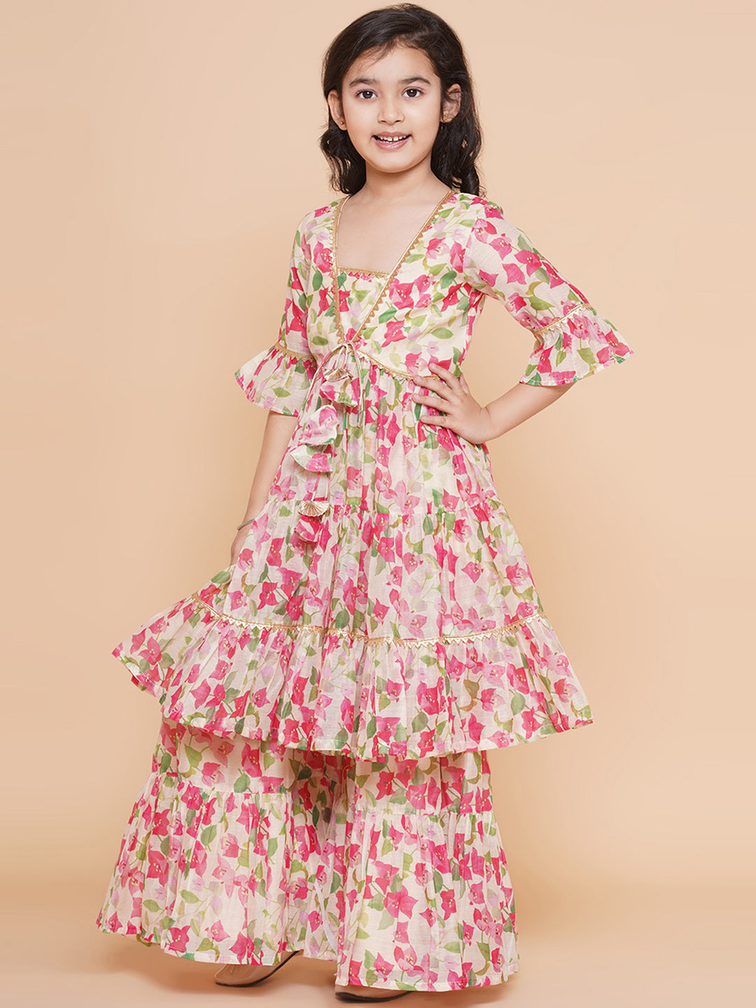 cream multi printed kurta with sharara