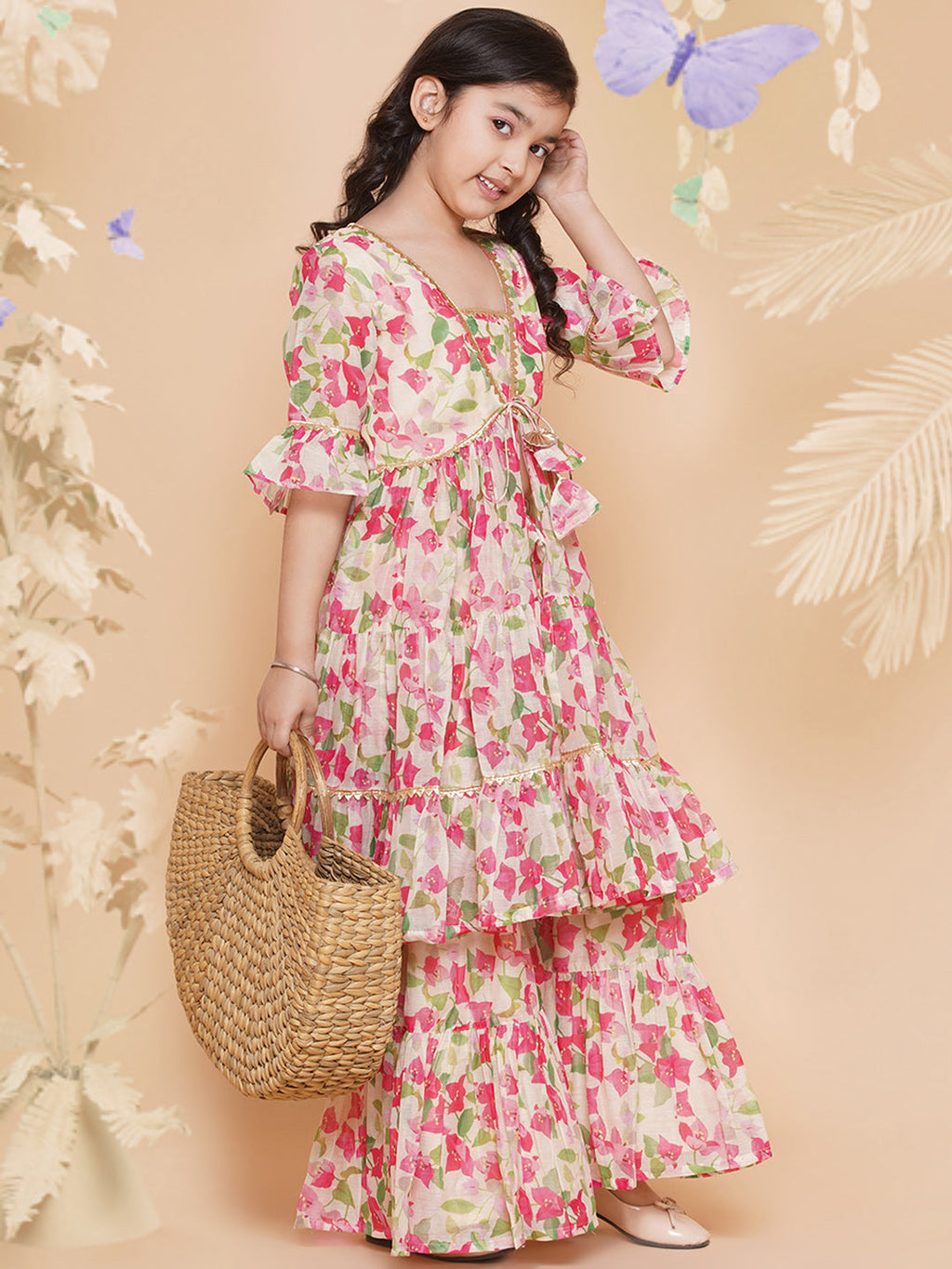 cream multi printed kurta with sharara