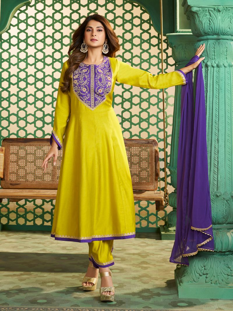 yellow purple embroidered anarkali kurta set