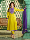 yellow purple embroidered anarkali kurta set