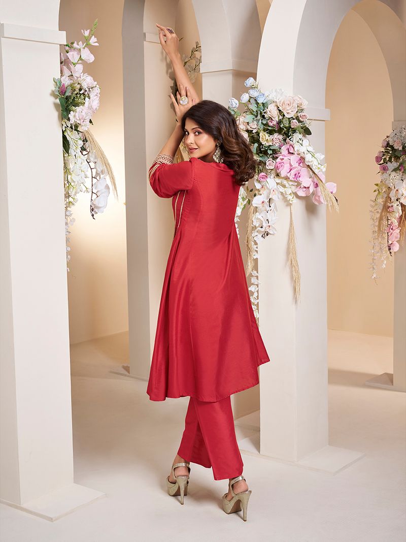 red colour embroiderd anarkali flared kurta with palazzos