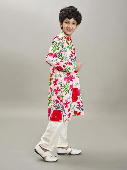 full sleeves floral print straight cut kurta with pyjama peach floral